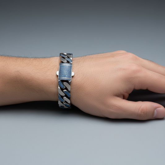 RARE PRINCE by CARAT SUTRA | 14mm Unique  Blue Iced Cuban Link Bracelet for Men | Dark Oxidized 925 Silver Bracelet | Men's Jewelry | With Certificate of Authenticity and 925 Hallmark