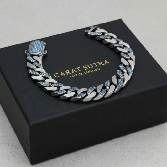 RARE PRINCE by CARAT SUTRA | 14mm Unique  Blue Iced Cuban Link Bracelet for Men | Dark Oxidized 925 Silver Bracelet | Men's Jewelry | With Certificate of Authenticity and 925 Hallmark - caratsutra