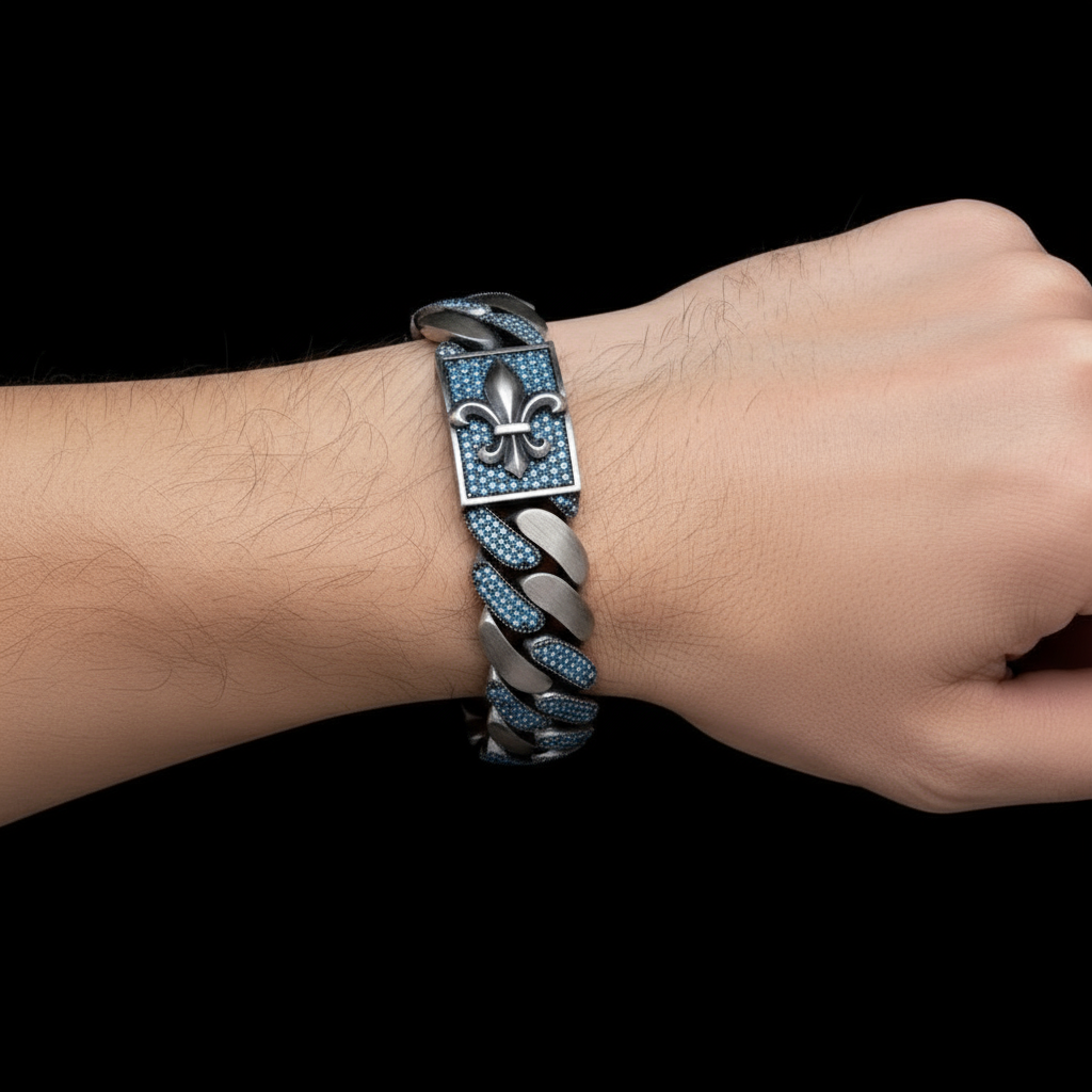 16mm wide, Unique Fleur-De-Lis Blue Iced Cuban Link Bracelet for Men | Dark Oxidized 925 Silver Bracelet | With Certificate of Authenticity and 925 Hallmark