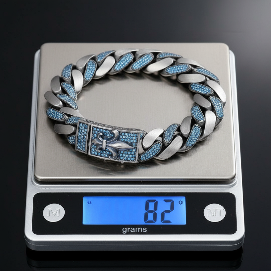 16mm wide, Unique Fleur-De-Lis Blue Iced Cuban Link Bracelet for Men | Dark Oxidized 925 Silver Bracelet | With Certificate of Authenticity and 925 Hallmark