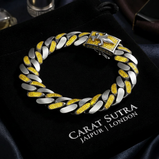 16mm wide, Unique Fleur-De-Lis natural Citrine Iced Cuban Link Bracelet for Men | Oxidized 925 Silver Bracelet