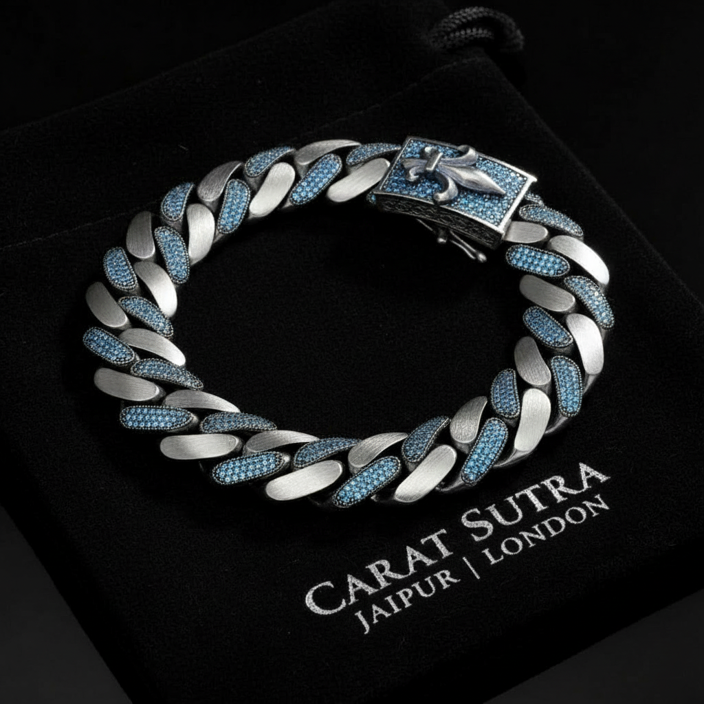 16mm wide, Unique Fleur-De-Lis Blue Iced Cuban Link Bracelet for Men | Dark Oxidized 925 Silver Bracelet | With Certificate of Authenticity and 925 Hallmark