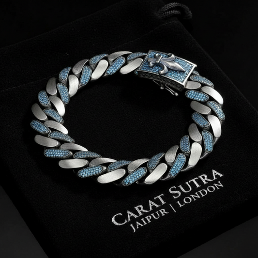 16mm wide, Unique Fleur-De-Lis Blue Iced Cuban Link Bracelet for Men | Dark Oxidized 925 Silver Bracelet | With Certificate of Authenticity and 925 Hallmark - caratsutra