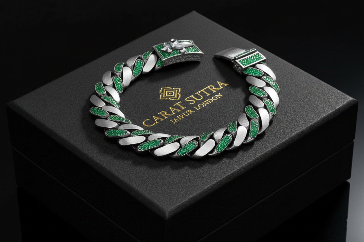 16mm wide, Unique Fleur-De-Lis natural emerald Iced Cuban Link Bracelet for Men | Dark Oxidized 925 Silver Bracelet | With Certificate of Authenticity and 925 Hallmark (Copy) - caratsutra