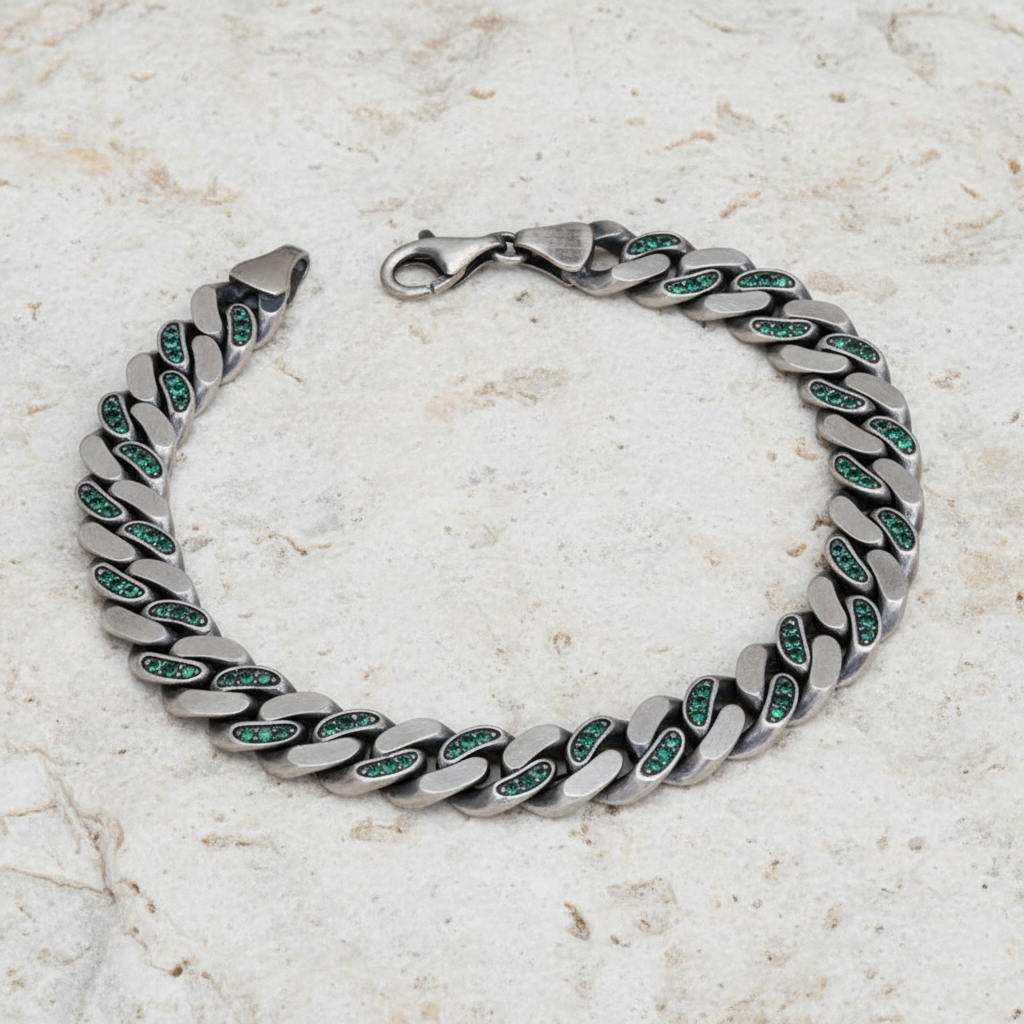 RARE PRINCE by CARAT SUTRA | 12mm Unique  Green Emerald Iced Cuban Link Bracelet for Men | Dark Oxidized 925 Silver Bracelet | Men's Jewelry | With Certificate of Authenticity and 925 Hallmark