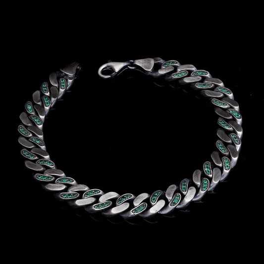 RARE PRINCE by CARAT SUTRA | 14mm Unique  Green Emerald Iced Cuban Link Bracelet for Men | Dark Oxidized 925 Silver Bracelet | Men's Jewelry | With Certificate of Authenticity and 925 Hallmark