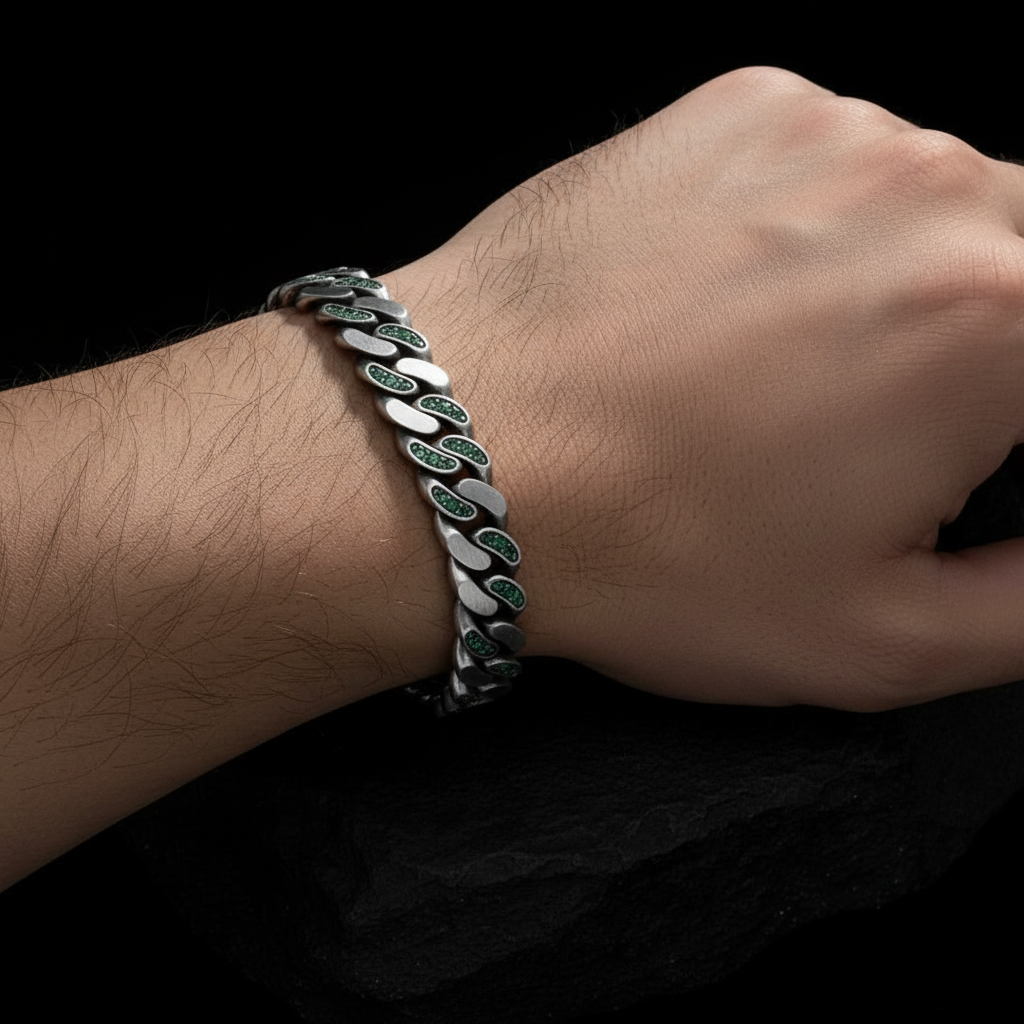 RARE PRINCE by CARAT SUTRA | 12mm Unique  Green Emerald Iced Cuban Link Bracelet for Men | Dark Oxidized 925 Silver Bracelet | Men's Jewelry | With Certificate of Authenticity and 925 Hallmark