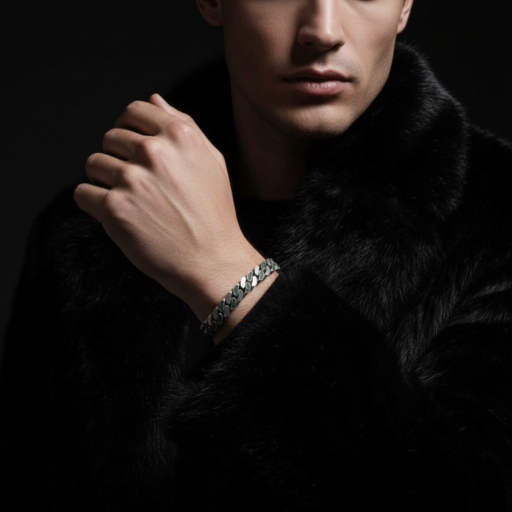 RARE PRINCE by CARAT SUTRA | 12mm Unique  Green Emerald Iced Cuban Link Bracelet for Men | Dark Oxidized 925 Silver Bracelet | Men's Jewelry | With Certificate of Authenticity and 925 Hallmark