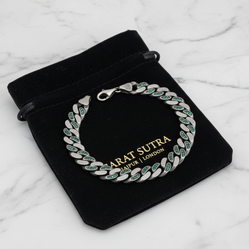 RARE PRINCE by CARAT SUTRA | 12mm Unique  Green Emerald Iced Cuban Link Bracelet for Men | Dark Oxidized 925 Silver Bracelet | Men's Jewelry | With Certificate of Authenticity and 925 Hallmark