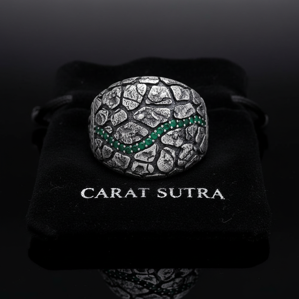 RARE PRINCE by CARAT SUTRA | Unique Designed Turkish Style Ring with Emerald Stone | 925 Sterling Silver Oxidized Ring | Men's Jewelry | With Certificate of Authenticity and 925 Hallmark