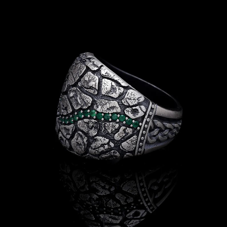 RARE PRINCE by CARAT SUTRA | Unique Designed Turkish Style Ring with Emerald Stone | 925 Sterling Silver Oxidized Ring | Men's Jewelry | With Certificate of Authenticity and 925 Hallmark