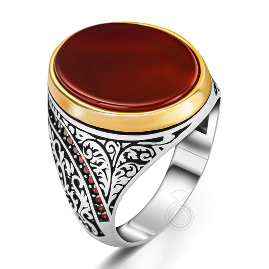 RARE PRINCE by CARAT SUTRA | Unique Turkish Style Ring with Natural Red Agate  | 925 Sterling Silver Oxidized Ring | Men's Jewelry | With Certificate of Authenticity and 925 Hallmark