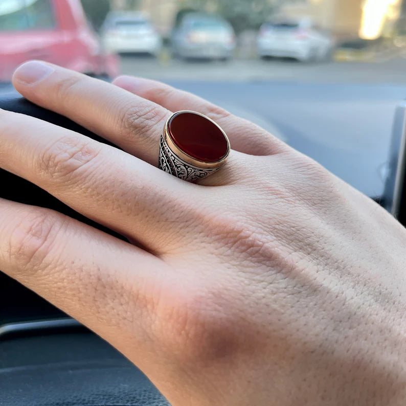 RARE PRINCE by CARAT SUTRA | Unique Turkish Style Ring with Natural Red Agate  | 925 Sterling Silver Oxidized Ring | Men's Jewelry | With Certificate of Authenticity and 925 Hallmark