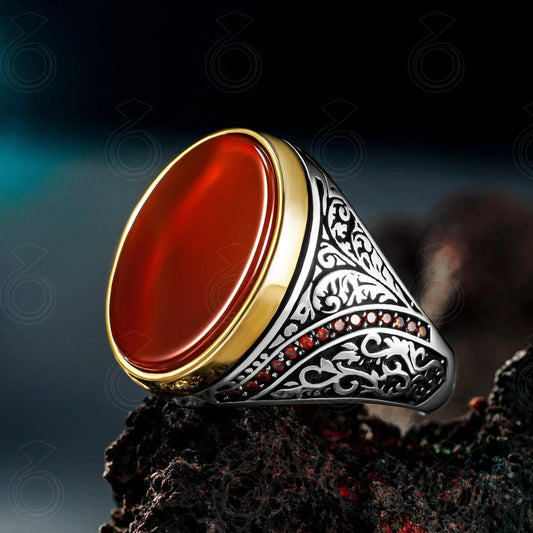 RARE PRINCE by CARAT SUTRA | Unique Turkish Style Ring with Natural Red Agate  | 925 Sterling Silver Oxidized Ring | Men's Jewelry | With Certificate of Authenticity and 925 Hallmark