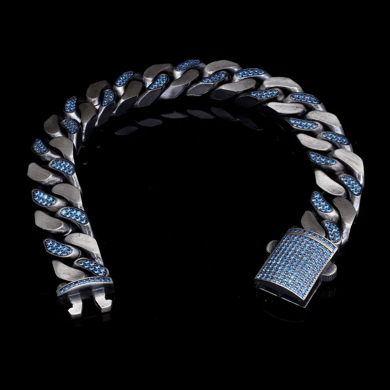 RARE PRINCE by CARAT SUTRA | 14mm Unique  Blue Iced Cuban Link Bracelet for Men | Dark Oxidized 925 Silver Bracelet | Men's Jewelry | With Certificate of Authenticity and 925 Hallmark