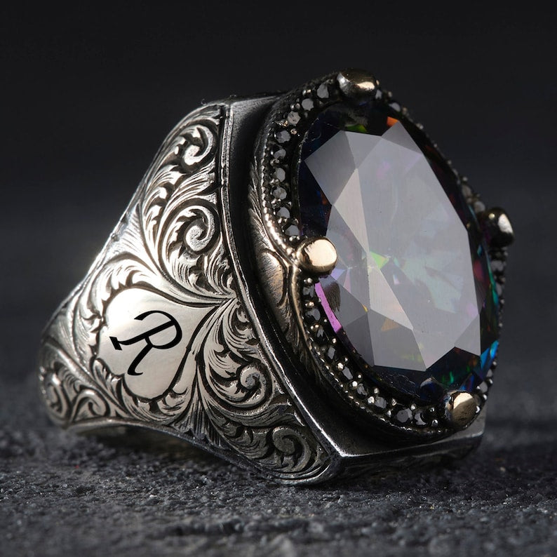 RARE PRINCE by CARAT SUTRA | Custom Name Initials Turkish Style Ring with Multicolored Alexandrite | 925 Sterling Silver Oxidized Ring | Men's Jewelry | With Certificate of Authenticity and 925 Hallmark