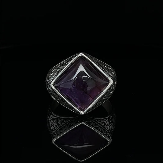 RARE PRINCE by CARAT SUTRA | Unique Versace Designed Turkish Style Ring with Purple Amethyst , 925 Sterling Silver Oxidized Ring | Men's Jewelry | With Certificate of Authenticity and 925 Hallmark