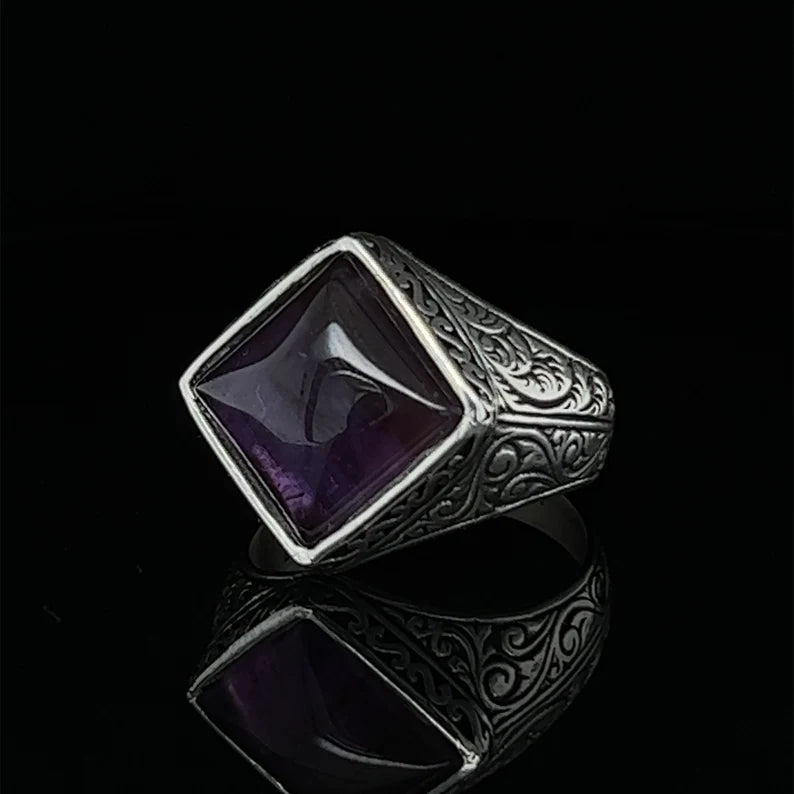 RARE PRINCE by CARAT SUTRA | Unique Versace Designed Turkish Style Ring with Purple Amethyst , 925 Sterling Silver Oxidized Ring | Men's Jewelry | With Certificate of Authenticity and 925 Hallmark