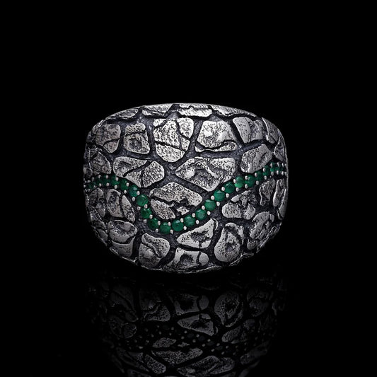 RARE PRINCE by CARAT SUTRA | Unique Designed Turkish Style Ring with Emerald Stone | 925 Sterling Silver Oxidized Ring | Men's Jewelry | With Certificate of Authenticity and 925 Hallmark