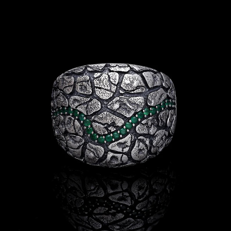 RARE PRINCE by CARAT SUTRA | Unique Designed Turkish Style Ring with Emerald Stone | 925 Sterling Silver Oxidized Ring | Men's Jewelry | With Certificate of Authenticity and 925 Hallmark