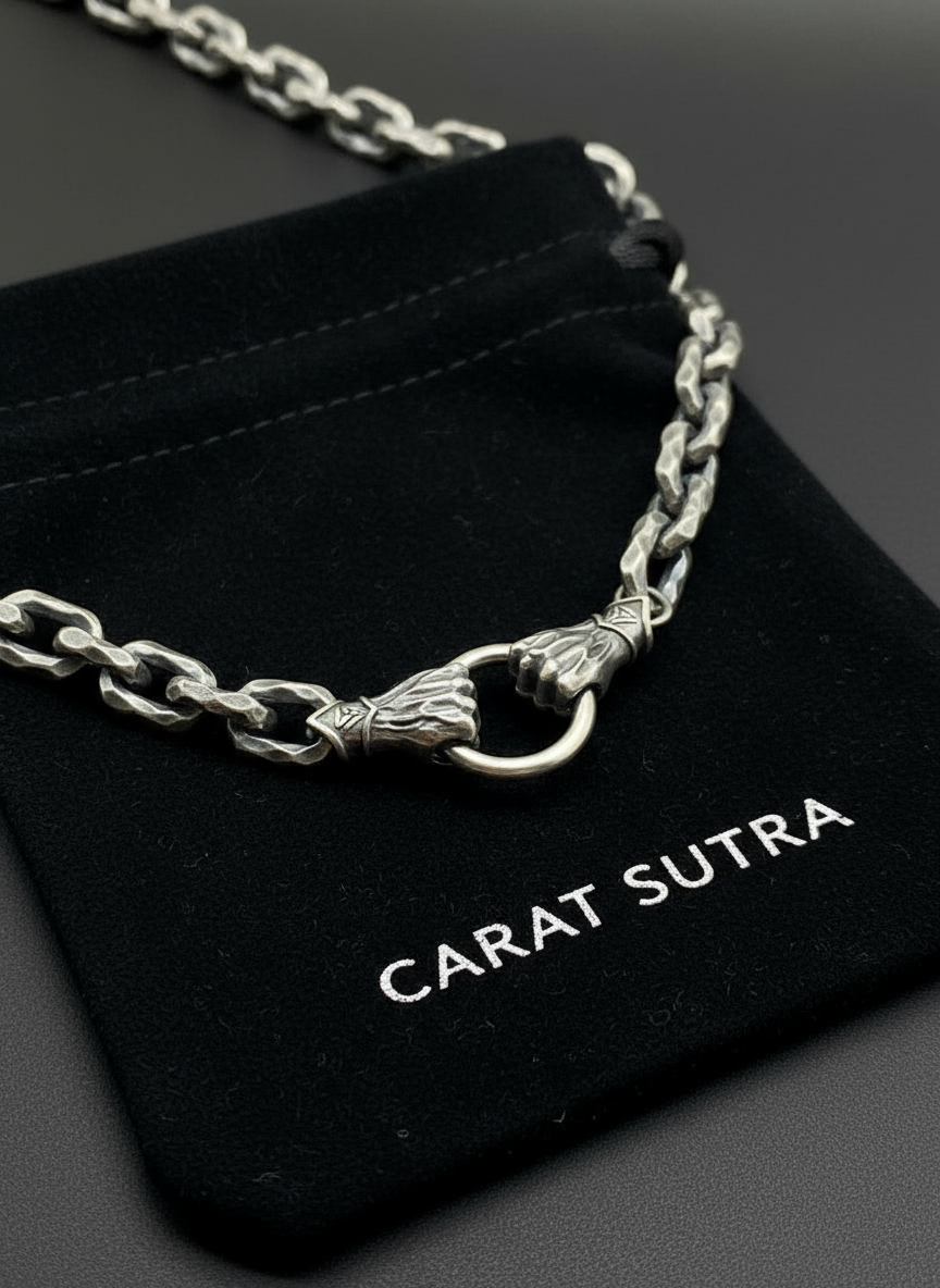 RARE PRINCE by CARAT SUTRA | 12mm Unique Fist Chain with Vintage Oxidised finish | 925 Sterling Silver | Men's Jewelry | With Certificate of Authenticity and 925 Hallmark