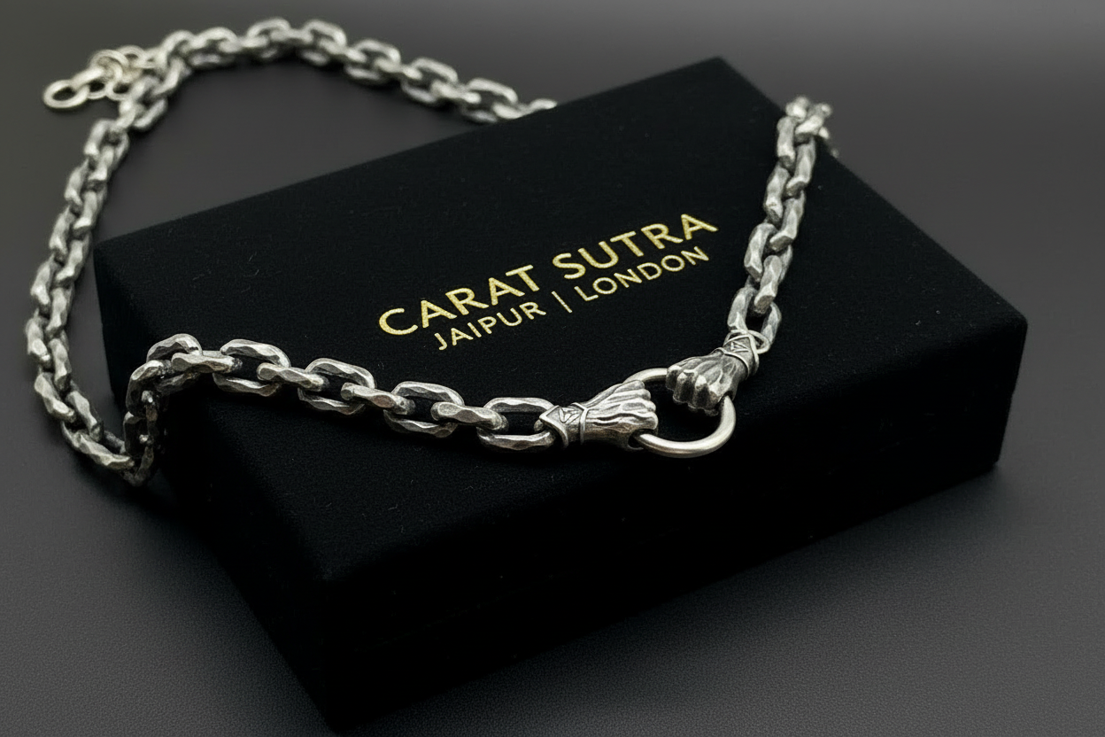 RARE PRINCE by CARAT SUTRA | 12mm Unique Fist Chain with Vintage Oxidised finish | 925 Sterling Silver | Men's Jewelry | With Certificate of Authenticity and 925 Hallmark - caratsutra