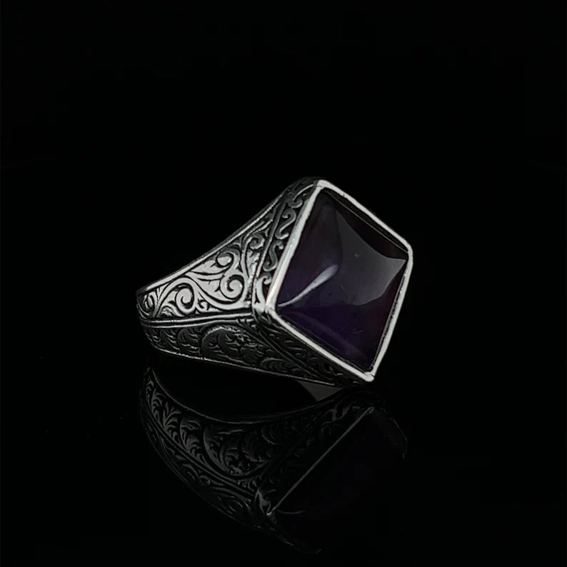 RARE PRINCE by CARAT SUTRA | Unique Versace Designed Turkish Style Ring with Purple Amethyst , 925 Sterling Silver Oxidized Ring | Men's Jewelry | With Certificate of Authenticity and 925 Hallmark