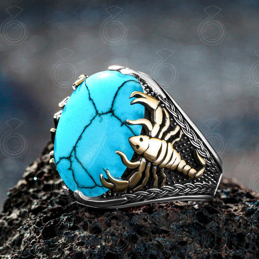 RARE PRINCE by CARAT SUTRA | Unique Designed Turkish Style Ring with Natural Blue Turquoise | 925 Sterling Silver Oxidized Ring | Men's Jewelry | With Certificate of Authenticity and 925 Hallmark