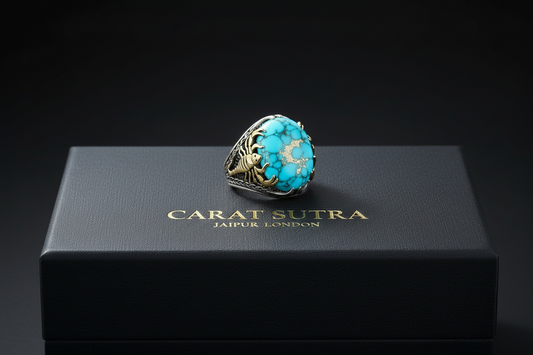 RARE PRINCE by CARAT SUTRA | Unique Designed Turkish Style Ring with Natural Irani Turquoise (Firoza) | 925 Sterling Silver Oxidized Ring | Men's Jewelry | With Certificate of Authenticity and 925 Hallmark - caratsutra