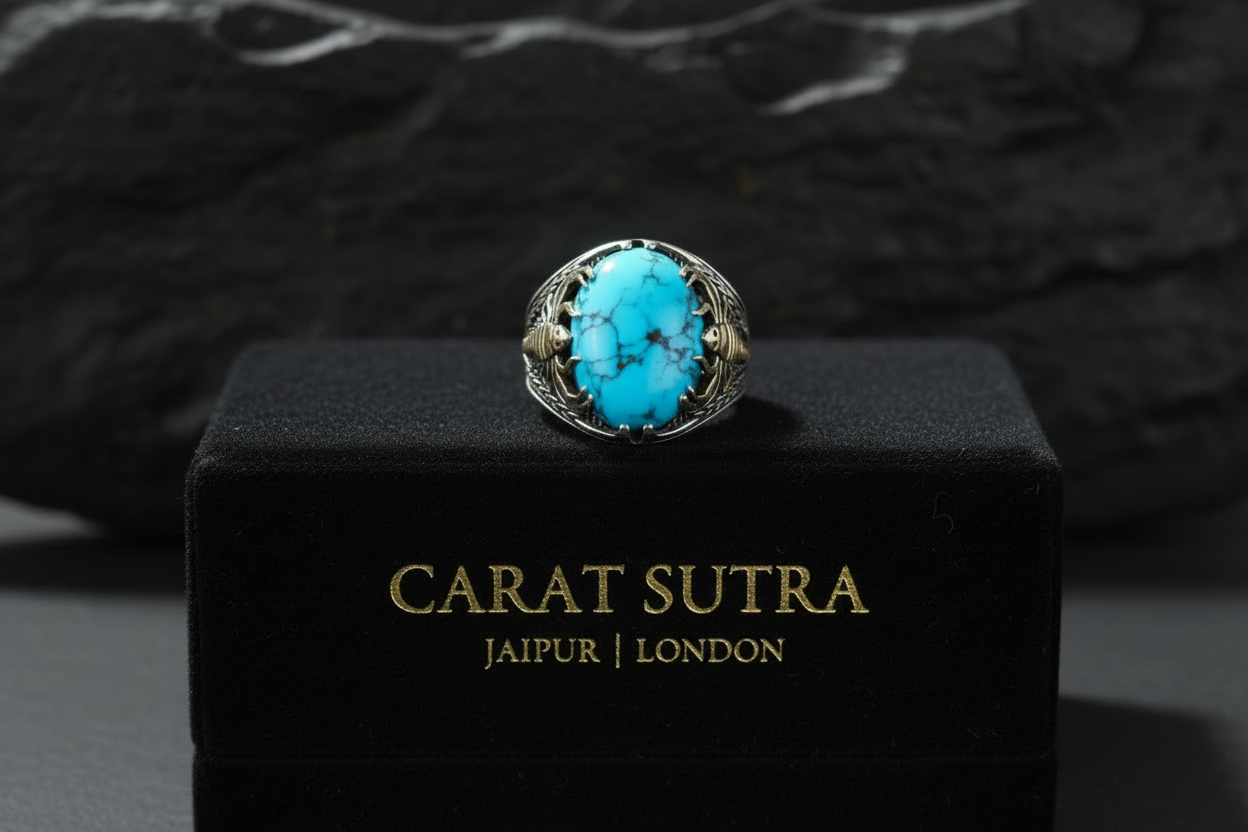 RARE PRINCE by CARAT SUTRA | Unique Designed Turkish Style Ring with Natural Irani Turquoise (Firoza) | 925 Sterling Silver Oxidized Ring | Men's Jewelry | With Certificate of Authenticity and 925 Hallmark - caratsutra