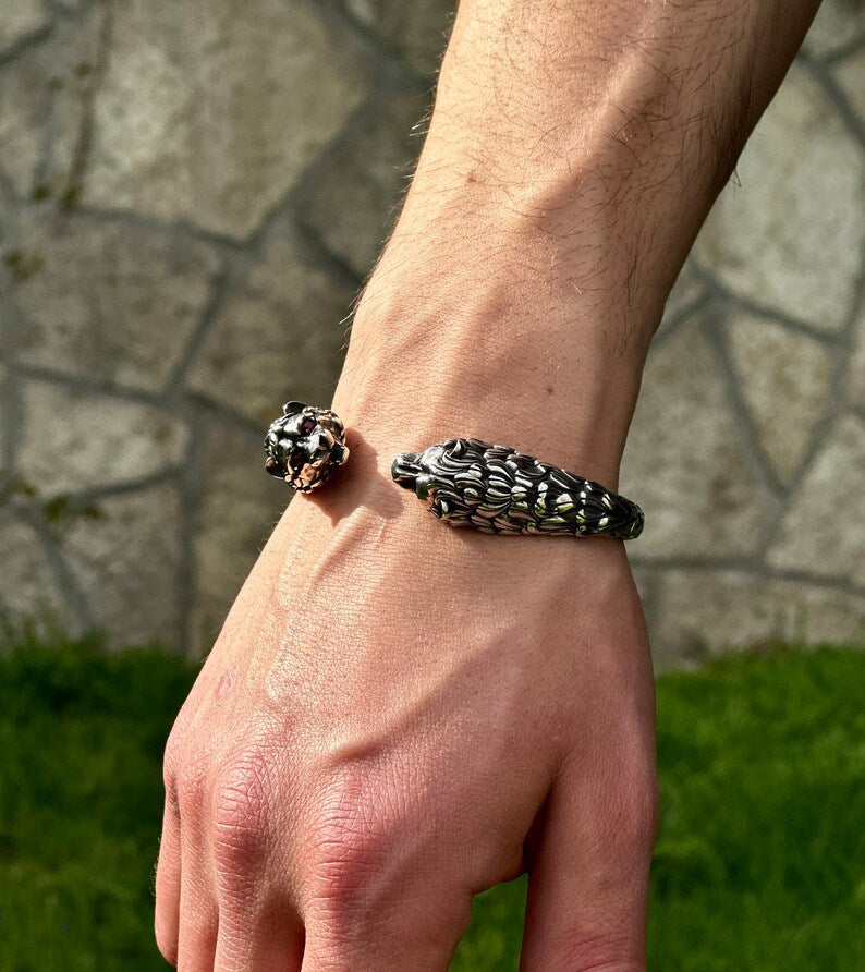 Adjustable Unique 925 Silver Oxidized Tiger Cuff Bracelet for Men 925 Sterling Silver Cuff Men's Jewelry With Certificate of Authenticity and