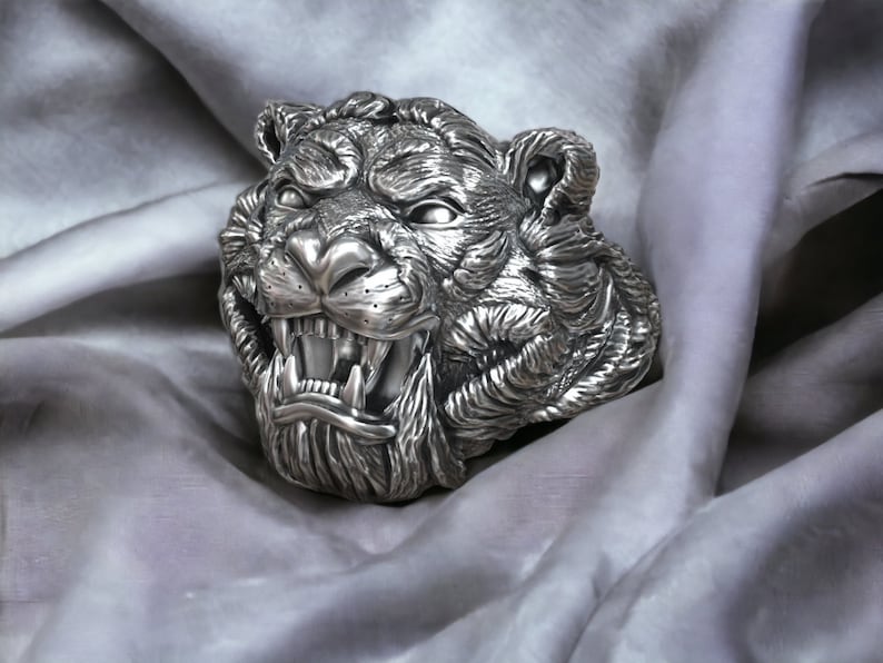 RARE PRINCE by CARAT SUTRA | Unique Designed Solid Ferocious 3D Tiger Face Ring | 925 Sterling Silver Oxidized Ring | Men's Jewelry | With Certificate of Authenticity and 925 Hallmark