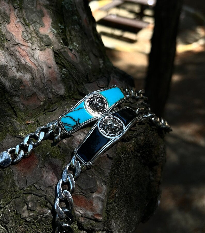 RARE PRINCE by CARAT SUTRA | Heavy Lion Chain Bracelet with Natural Blue Turquoise for Men | 925 Sterling Silver Bracelet | Men's Jewelry | With Certificate of Authenticity and 925 Hallmark