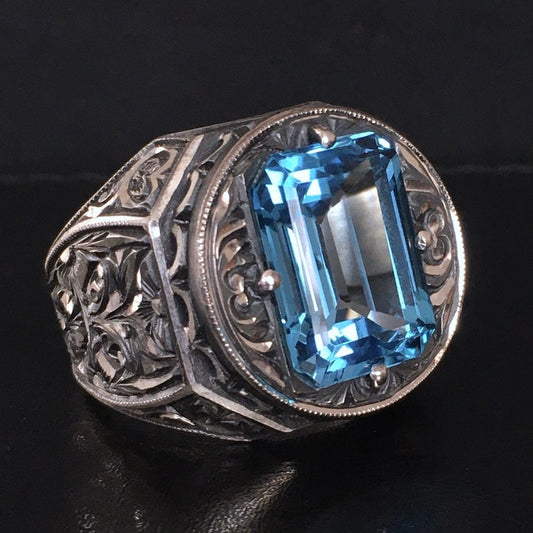 RARE PRINCE by CARAT SUTRA | Exclusively Designed Ring with AAA Cut Octagonal Blue Topaz | 925 Sterling Silver Oxidized Hand-engraved Ring | Men's Jewelry | With Certificate of Authenticity and 925 Hallmark