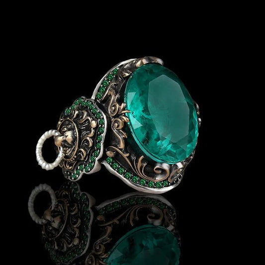 Unique Designed Turkish Style Ring with Emerald | 925 Sterling Silver Oxidized Ring | With Certificate of Authenticity and 925 Hallmark