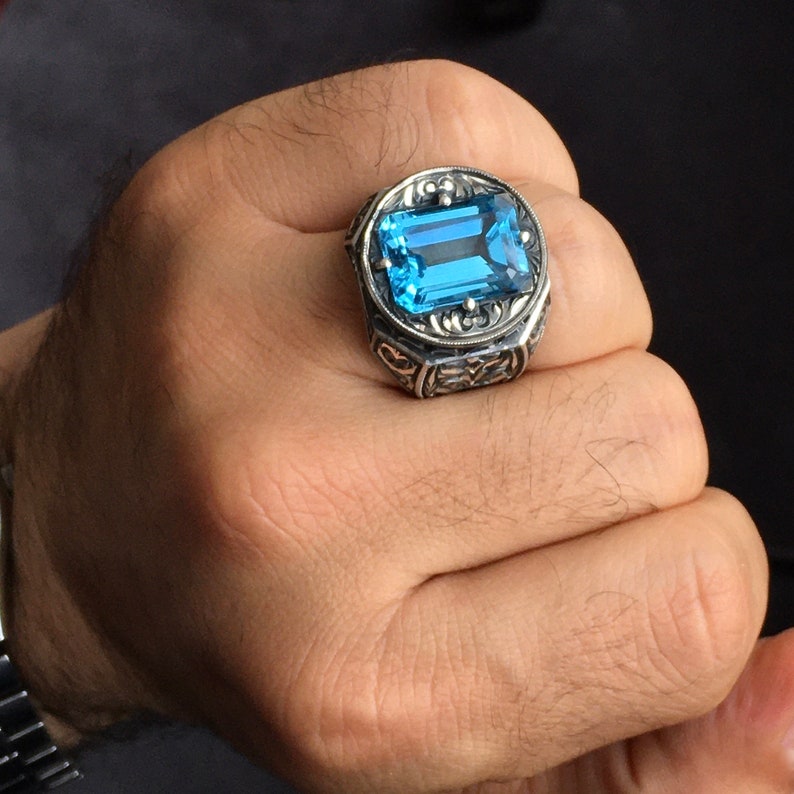 RARE PRINCE by CARAT SUTRA | Exclusively Designed Ring with AAA Cut Octagonal Blue Topaz | 925 Sterling Silver Oxidized Hand-engraved Ring | Men's Jewelry | With Certificate of Authenticity and 925 Hallmark