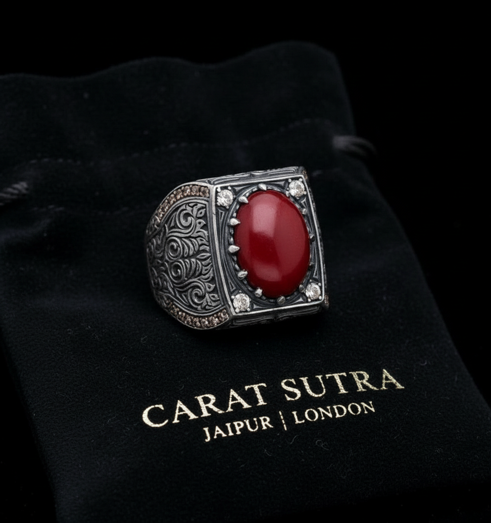 RARE PRINCE by CARAT SUTRA | Unique Designed Turkish Style Heavy Ring with Natural Red Coral | 925 Sterling Silver Oxidized Ring | Men's Jewelry | With Certificate of Authenticity and 925 Hallmark