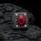 RARE PRINCE by CARAT SUTRA | Unique Designed Turkish Style Heavy Ring with Natural Red Coral | 925 Sterling Silver Oxidized Ring | Men's Jewelry | With Certificate of Authenticity and 925 Hallmark