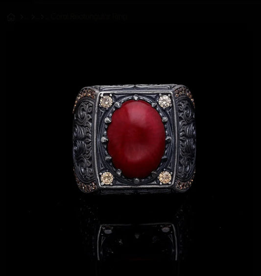 RARE PRINCE by CARAT SUTRA | Unique Designed Turkish Style Heavy Ring with Natural Red Coral | 925 Sterling Silver Oxidized Ring | Men's Jewelry | With Certificate of Authenticity and 925 Hallmark