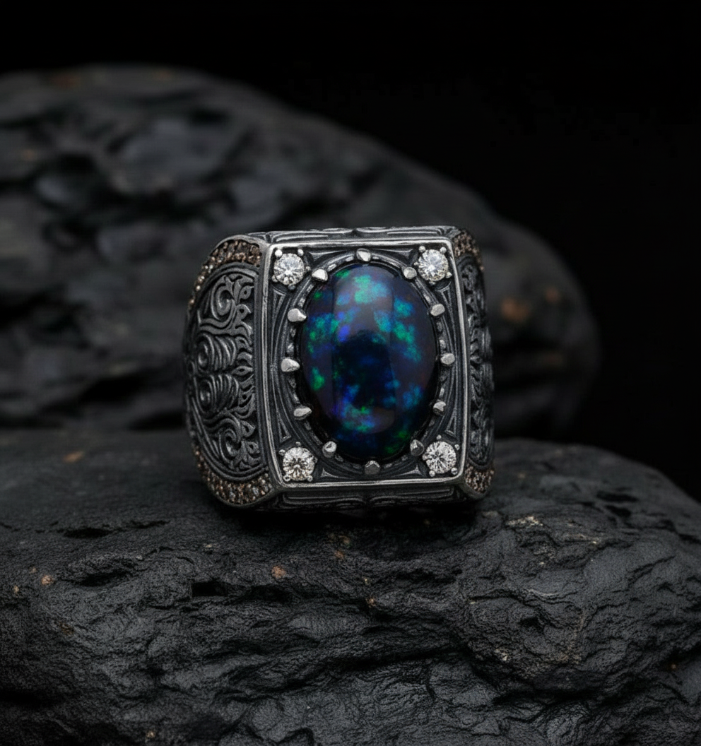 Unique Designed Turkish Style Ring with 15ct Natural Fire Black Opal | 925 Sterling Silver Oxidized Ring | With Certificate of Authenticity and 925 Hallmark