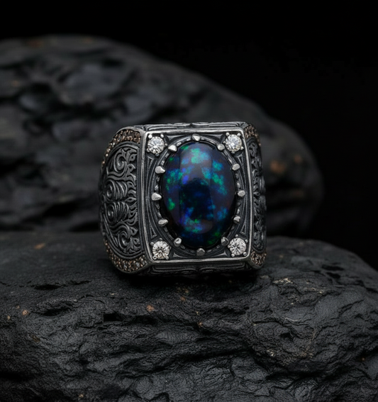 Unique Designed Turkish Style Ring with 15ct Natural Fire Black Opal | 925 Sterling Silver Oxidized Ring | With Certificate of Authenticity and 925 Hallmark