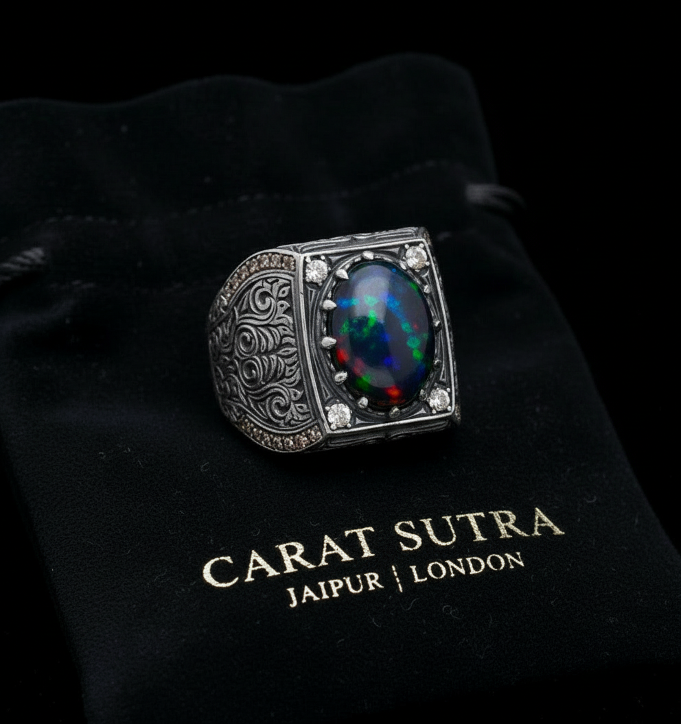 Unique Designed Turkish Style Ring with 15ct Natural Fire Black Opal | 925 Sterling Silver Oxidized Ring | With Certificate of Authenticity and 925 Hallmark