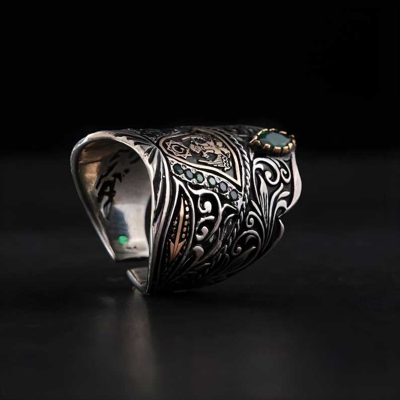 RARE PRINCE by CARAT SUTRA | Unique Turkish Emperor's Style Signet Thumb Ring studded with Emeralds | 925 Sterling Silver Oxidized Ring | Men's Jewelry | With Certificate of Authenticity and 925 Hallmark