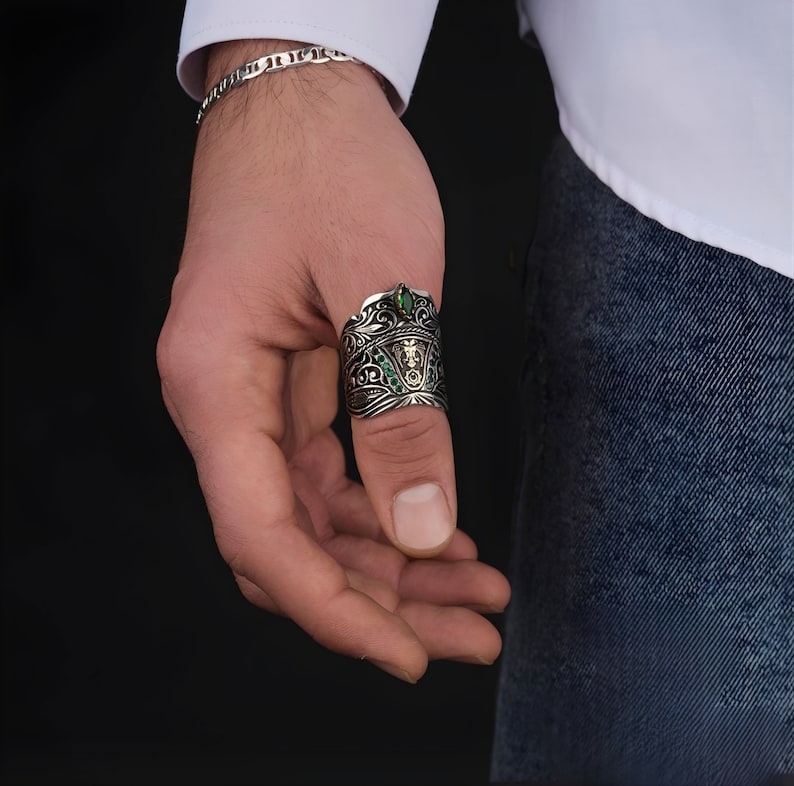 RARE PRINCE by CARAT SUTRA | Unique Turkish Emperor's Style Signet Thumb Ring studded with Emeralds | 925 Sterling Silver Oxidized Ring | Men's Jewelry | With Certificate of Authenticity and 925 Hallmark