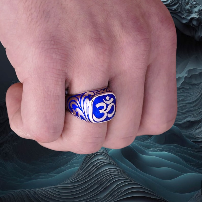 RARE PRINCE by CARAT SUTRA | Om Symbol with Blue Enamel Signet Ring for Men, Sterling Silver 925 Ring | Jewellery for Men| With Certificate of Authenticity and 925 Hallmark