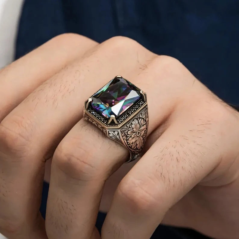 RARE PRINCE by CARAT SUTRA | Unique Designed Turkish Style Ring with Multicolored Alexandrite | 925 Sterling Silver Oxidized Ring | Men's Jewelry | With Certificate of Authenticity and 925 Hallmark