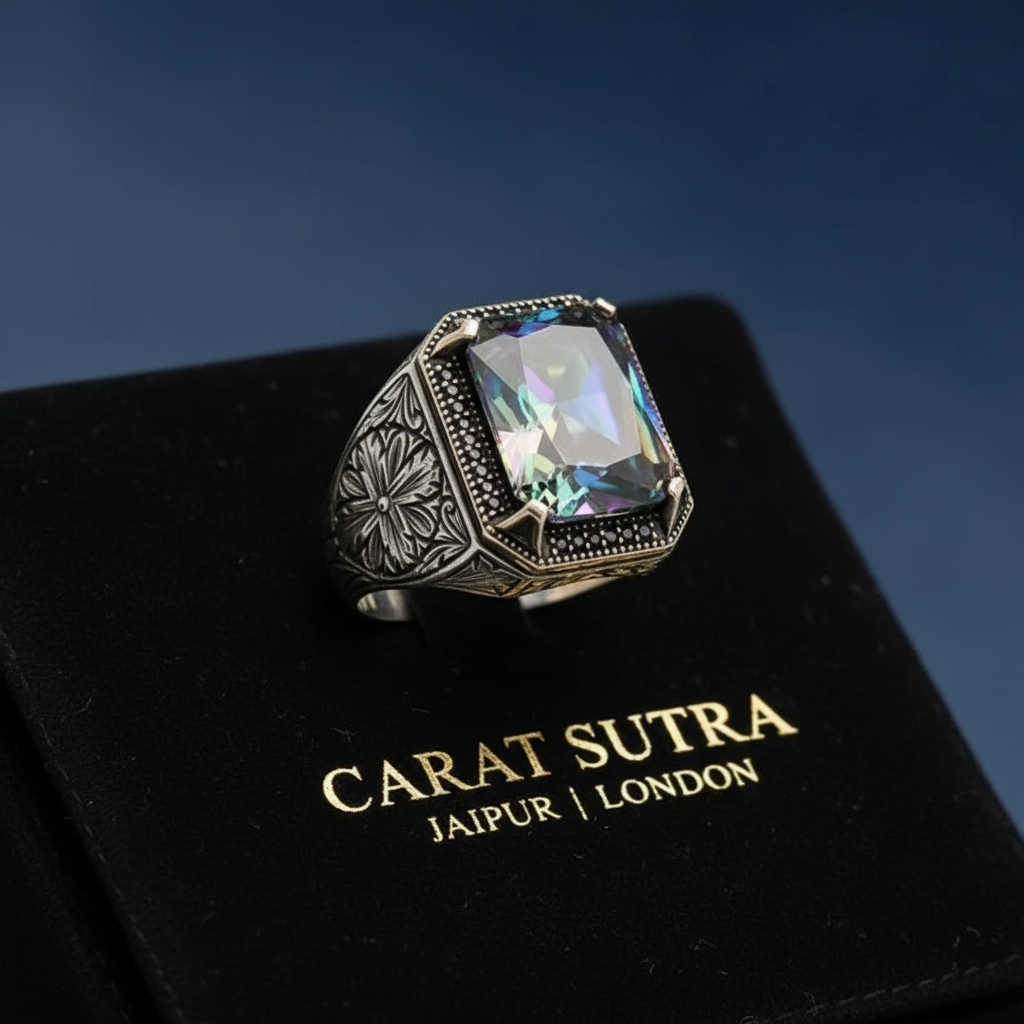 RARE PRINCE by CARAT SUTRA | Unique Designed Turkish Style Ring with Multicolored Alexandrite | 925 Sterling Silver Oxidized Ring | Men's Jewelry | With Certificate of Authenticity and 925 Hallmark - caratsutra
