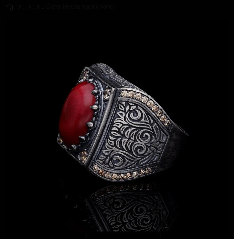 RARE PRINCE by CARAT SUTRA | Unique Designed Turkish Style Heavy Ring with Natural Red Coral | 925 Sterling Silver Oxidized Ring | Men's Jewelry | With Certificate of Authenticity and 925 Hallmark