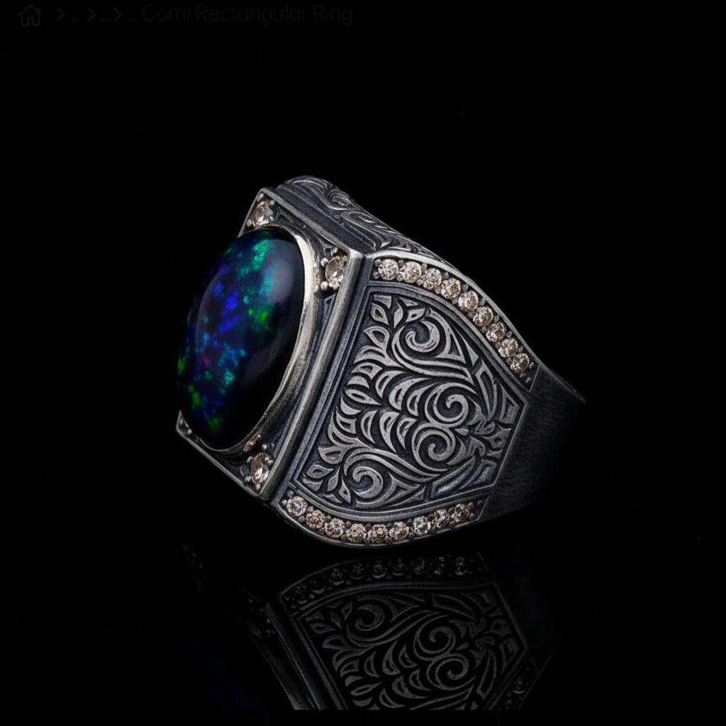 Unique Designed Turkish Style Ring with 15ct Natural Fire Black Opal | 925 Sterling Silver Oxidized Ring | With Certificate of Authenticity and 925 Hallmark