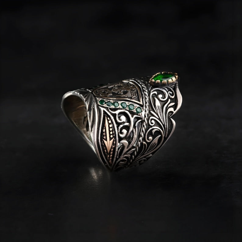 RARE PRINCE by CARAT SUTRA | Unique Turkish Emperor's Style Signet Thumb Ring studded with Emeralds | 925 Sterling Silver Oxidized Ring | Men's Jewelry | With Certificate of Authenticity and 925 Hallmark